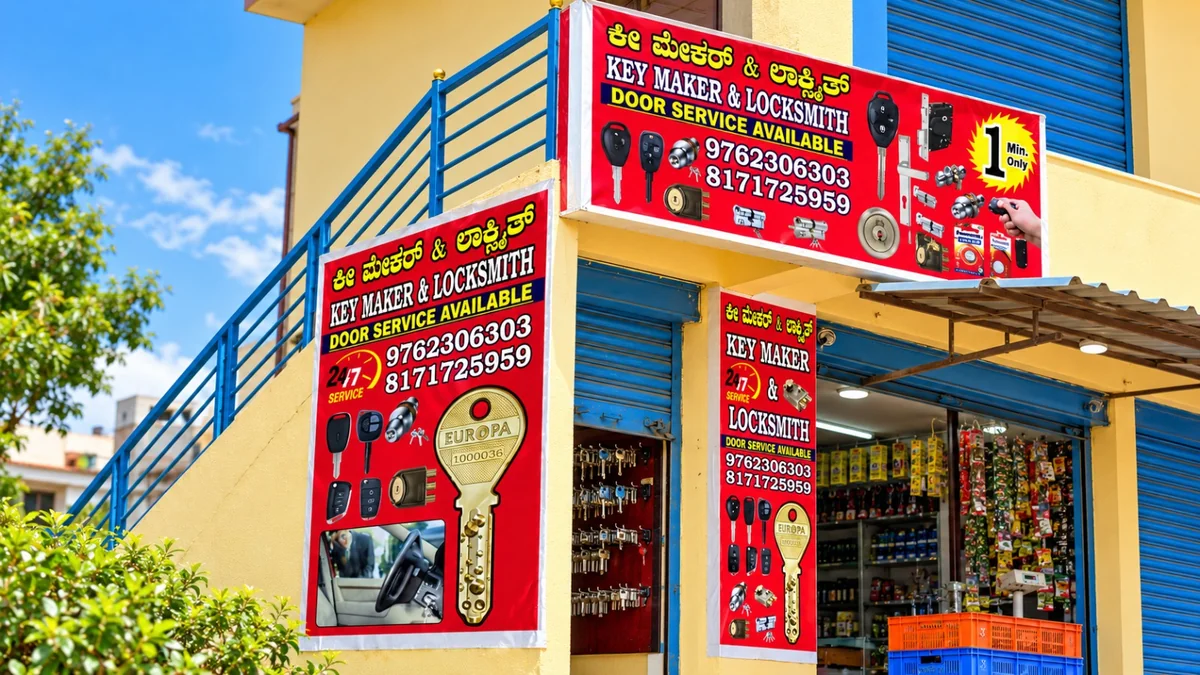 Key Maker & Locksmith storefront with red signs and blue shutters on Gollahalli Main Road